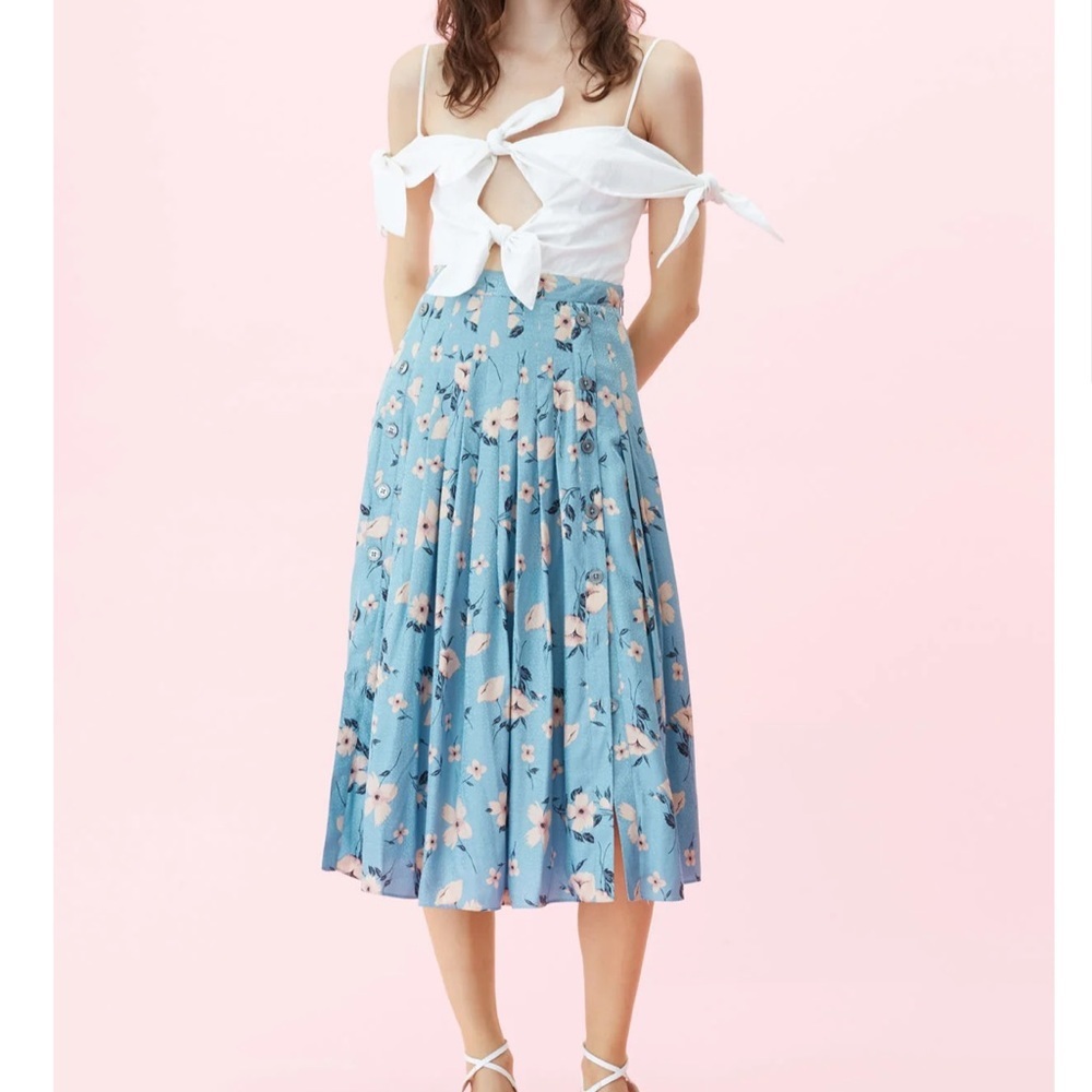 REBECCA TAYLOR Daniella Floral Pleated Jacquart Lagoon Combo Skirt, Size 6